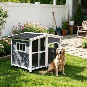 Large Dog House Cabin-Style Wooden Pet Shelter with Openable Roof And Giant Window Gray